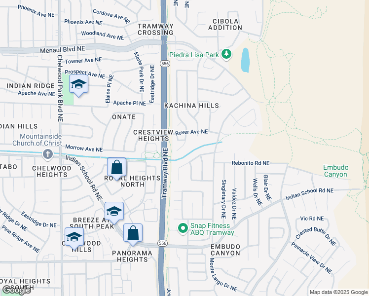 map of restaurants, bars, coffee shops, grocery stores, and more near 1812 Father Sky Street Northeast in Albuquerque