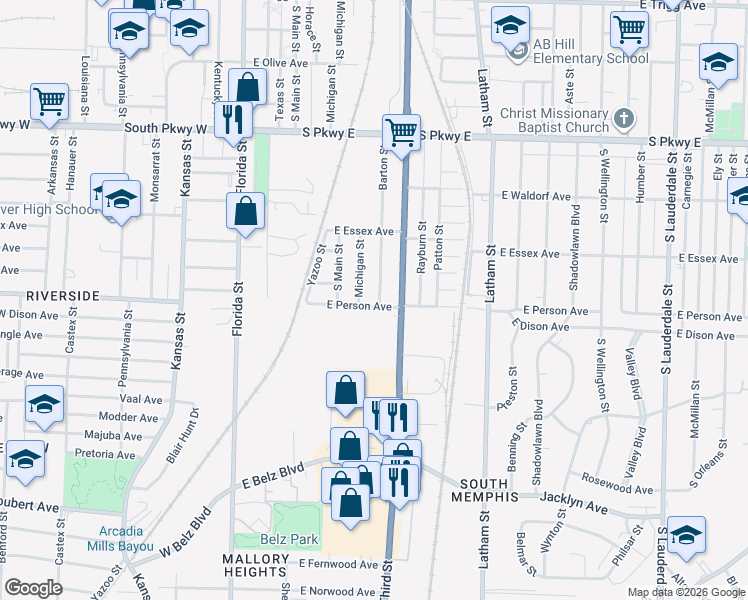 map of restaurants, bars, coffee shops, grocery stores, and more near 1669 Barton Street in Memphis