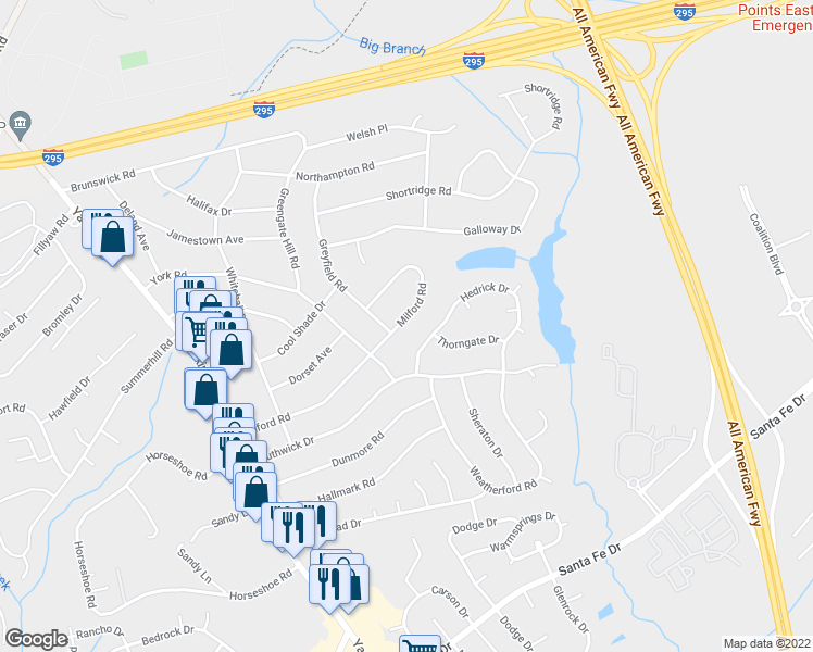 map of restaurants, bars, coffee shops, grocery stores, and more near 6402 Milford Road in Fayetteville