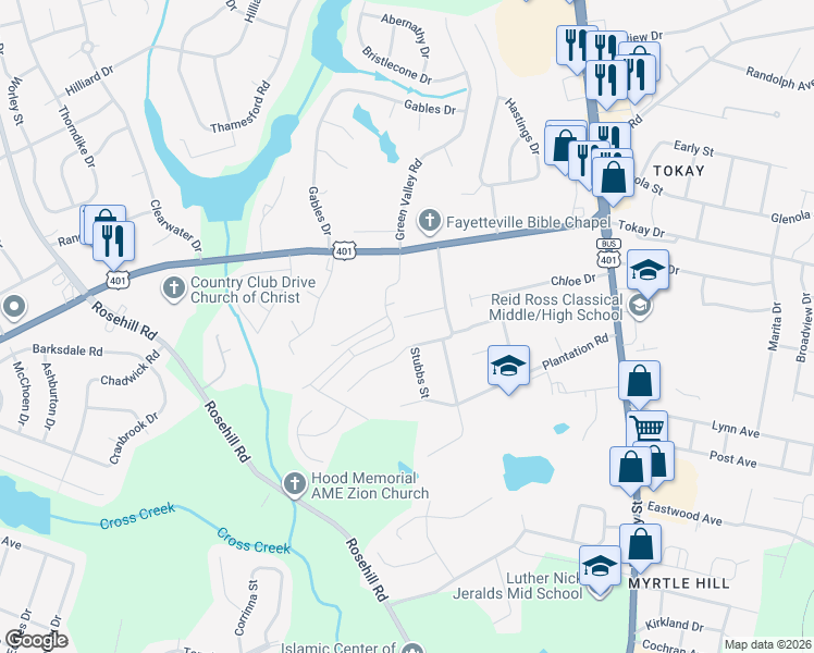 map of restaurants, bars, coffee shops, grocery stores, and more near 3250 Gettysburg Drive in Fayetteville