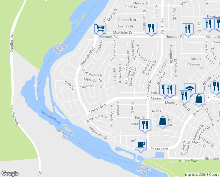 map of restaurants, bars, coffee shops, grocery stores, and more near 1944 Merced Drive in Bullhead City