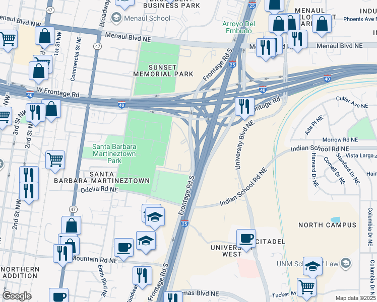 map of restaurants, bars, coffee shops, grocery stores, and more near 801 Locust Place Northeast in Albuquerque