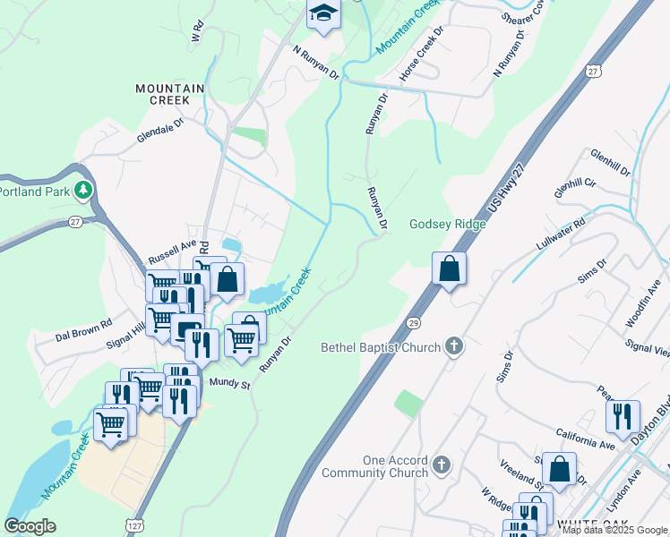 map of restaurants, bars, coffee shops, grocery stores, and more near 825 Runyan Drive in Chattanooga