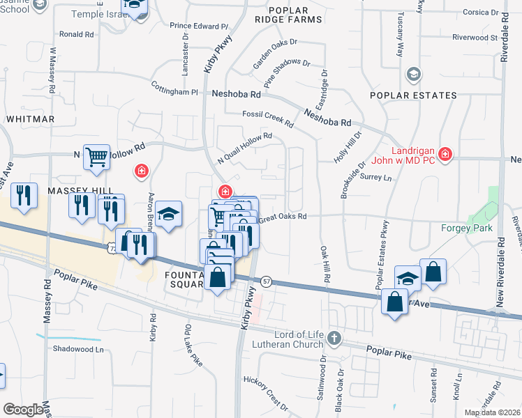 map of restaurants, bars, coffee shops, grocery stores, and more near 1717 Ridge Oak Place in Memphis