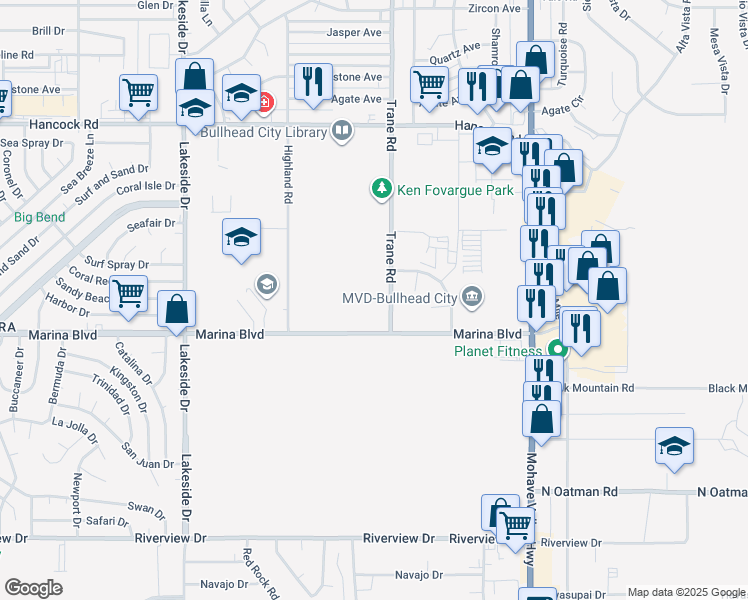 map of restaurants, bars, coffee shops, grocery stores, and more near 2355 Trane Road in Bullhead City