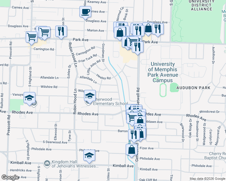 map of restaurants, bars, coffee shops, grocery stores, and more near 1109 Goodman Street in Memphis