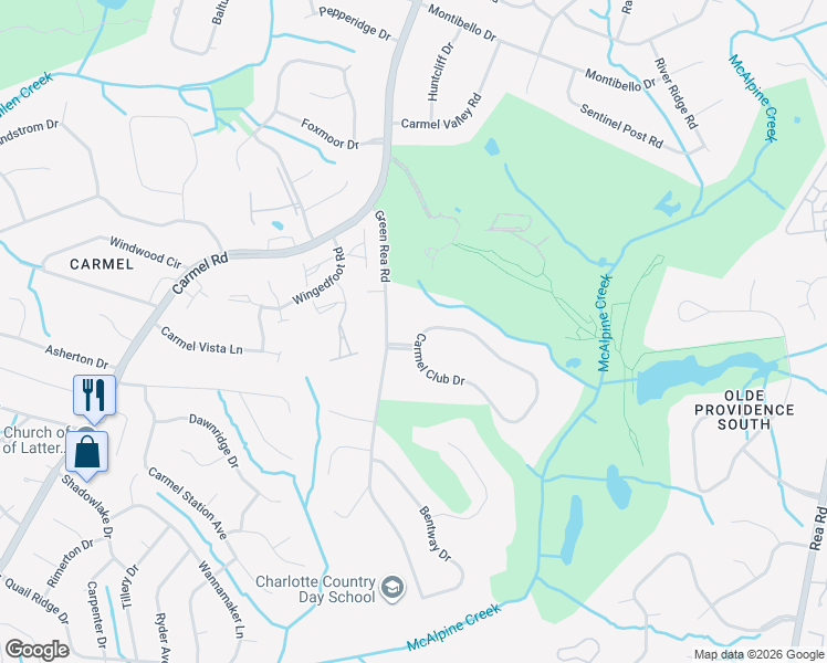 map of restaurants, bars, coffee shops, grocery stores, and more near 5119 Green Rea Road in Charlotte