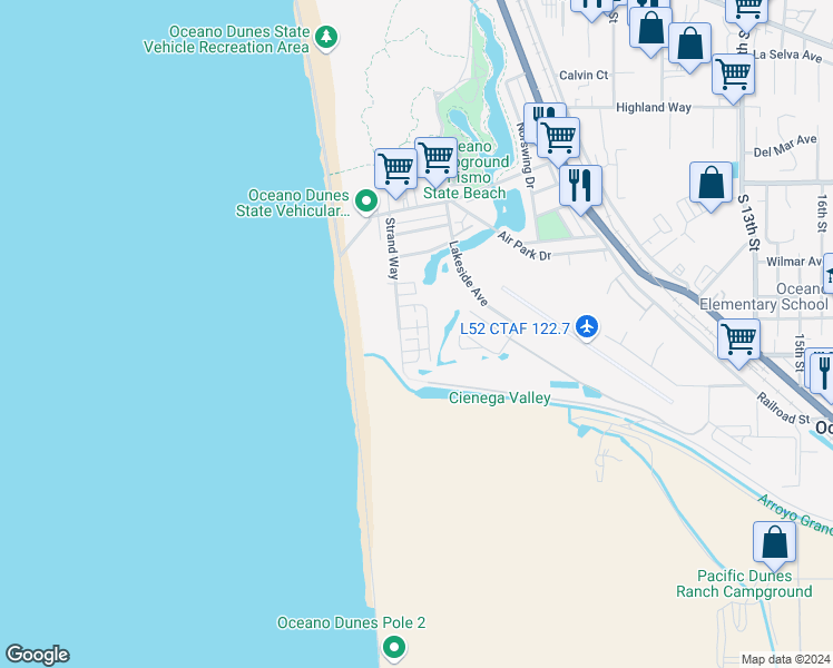 map of restaurants, bars, coffee shops, grocery stores, and more near 345 Utah Avenue in Oceano