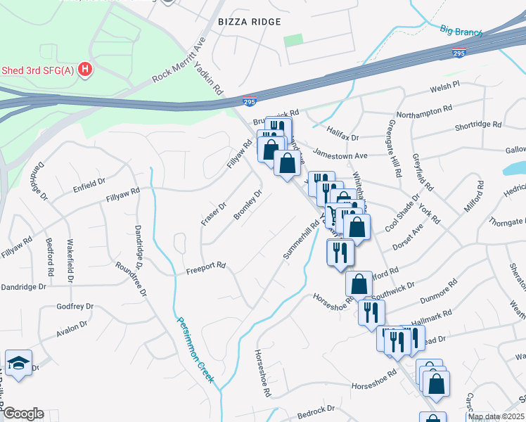 map of restaurants, bars, coffee shops, grocery stores, and more near 3619 Dornoch Drive in Fayetteville
