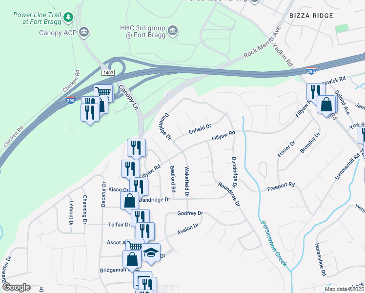 map of restaurants, bars, coffee shops, grocery stores, and more near 7146 Fillyaw Road in Fayetteville