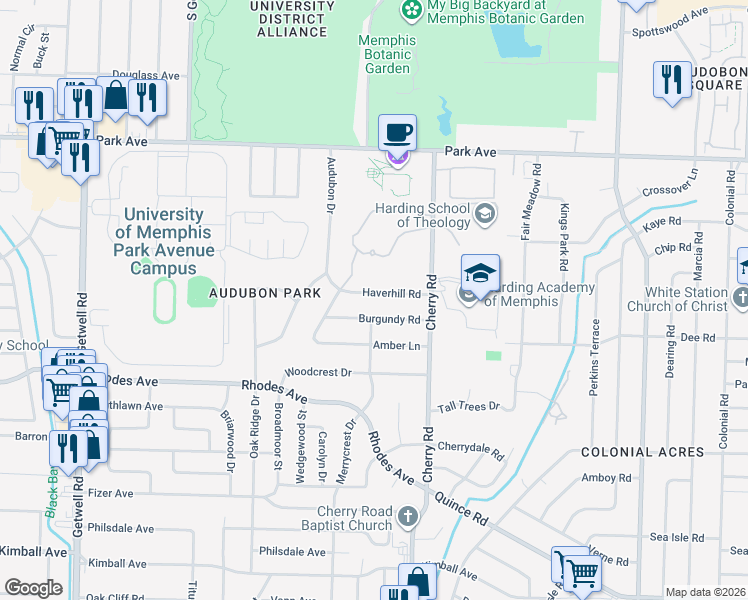 map of restaurants, bars, coffee shops, grocery stores, and more near 4296 Burgundy Road in Memphis