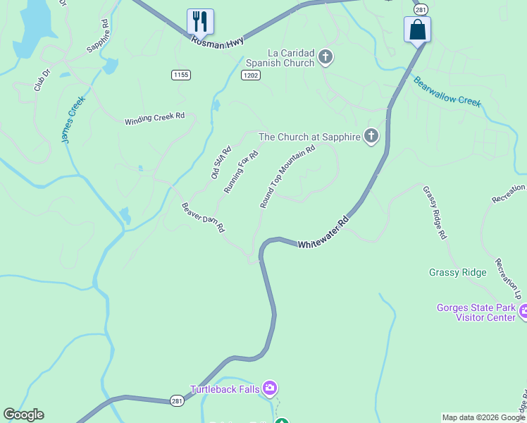 map of restaurants, bars, coffee shops, grocery stores, and more near 176 Round Top Mountain Crest Road in Sapphire