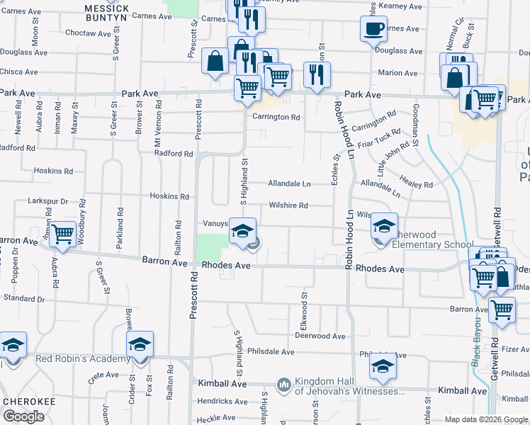 map of restaurants, bars, coffee shops, grocery stores, and more near 3544 Vanuys Road in Memphis