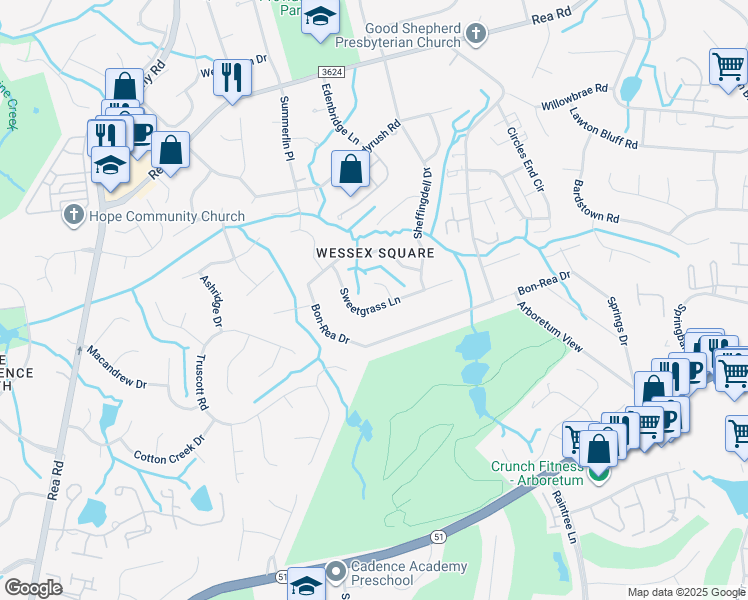 map of restaurants, bars, coffee shops, grocery stores, and more near 3733 Sweetgrass Lane in Charlotte
