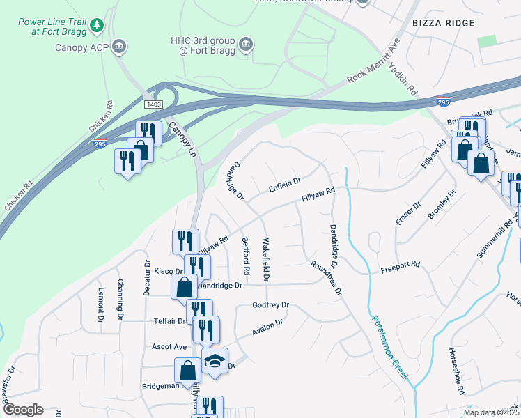 map of restaurants, bars, coffee shops, grocery stores, and more near 7146 Fillyaw Road in Fayetteville