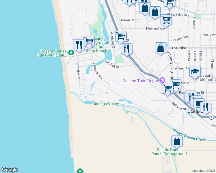 map of restaurants, bars, coffee shops, grocery stores, and more near 1638 Aloha Place in Oceano