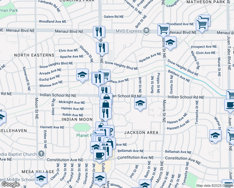 map of restaurants, bars, coffee shops, grocery stores, and more near 1733 Mary Ellen Street in Albuquerque