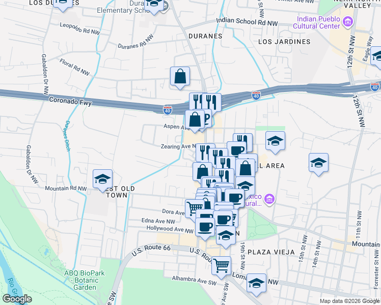 map of restaurants, bars, coffee shops, grocery stores, and more near 8 Northeast Circle Southwest in Albuquerque