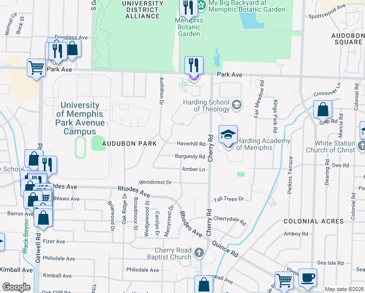 map of restaurants, bars, coffee shops, grocery stores, and more near 4296 Burgundy Road in Memphis