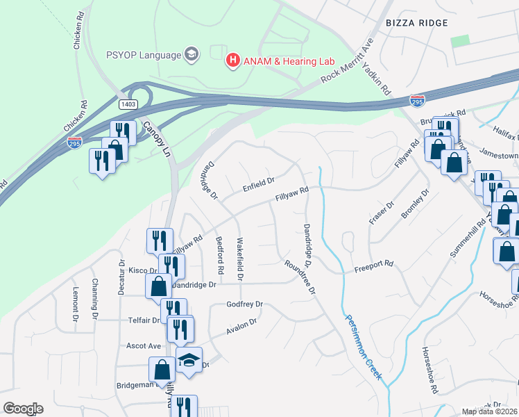 map of restaurants, bars, coffee shops, grocery stores, and more near 721 Roundtree Drive in Fayetteville