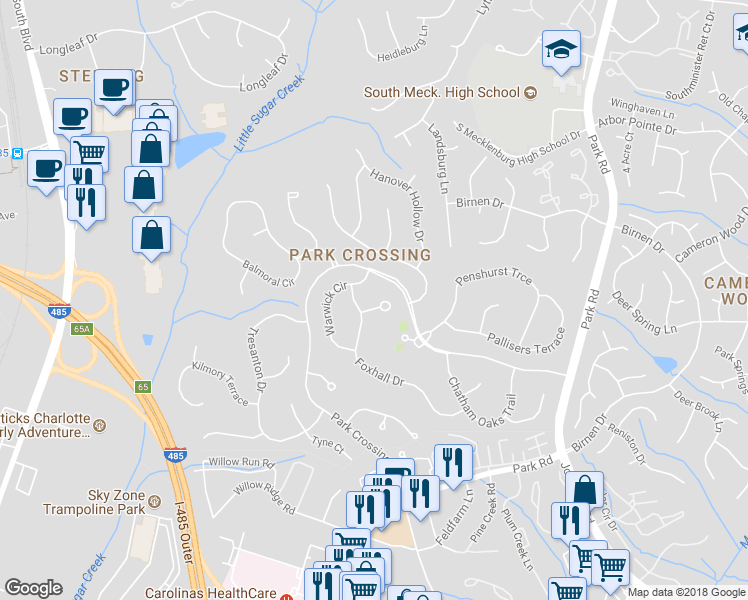 map of restaurants, bars, coffee shops, grocery stores, and more near 9720 Nickleby Court in Charlotte