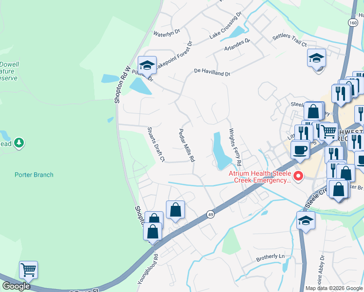map of restaurants, bars, coffee shops, grocery stores, and more near 15826 Pedlar Mills Road in Charlotte