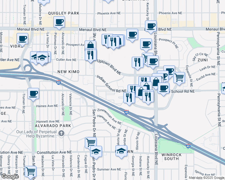 map of restaurants, bars, coffee shops, grocery stores, and more near 6220 Indian School Road Northeast in Albuquerque