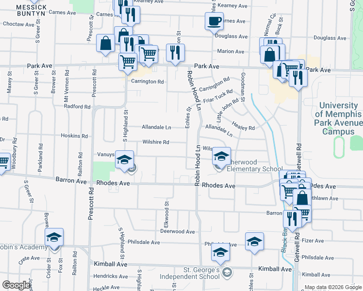 map of restaurants, bars, coffee shops, grocery stores, and more near 3643 Wilshire Road in Memphis