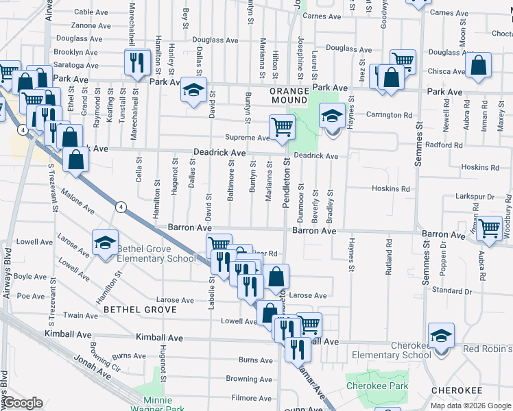 map of restaurants, bars, coffee shops, grocery stores, and more near 1597 Marianna Street in Memphis