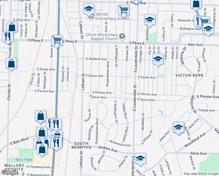 map of restaurants, bars, coffee shops, grocery stores, and more near 1670 Shadowlawn Boulevard in Memphis