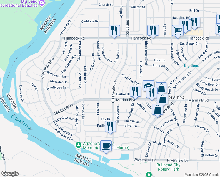 map of restaurants, bars, coffee shops, grocery stores, and more near 475 Harbor Drive in Bullhead City