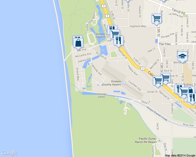map of restaurants, bars, coffee shops, grocery stores, and more near 550 Honolulu Avenue in Oceano