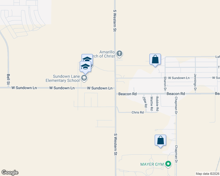 map of restaurants, bars, coffee shops, grocery stores, and more near 4277 West Sundown Lane in Amarillo