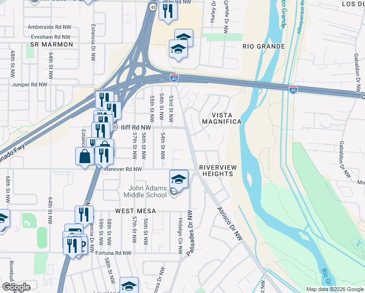 map of restaurants, bars, coffee shops, grocery stores, and more near 1448 Loma Hermosa Court Northwest in Albuquerque