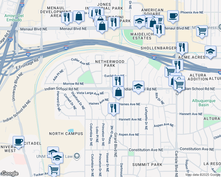map of restaurants, bars, coffee shops, grocery stores, and more near 1530 Vassar Drive Northeast in Albuquerque