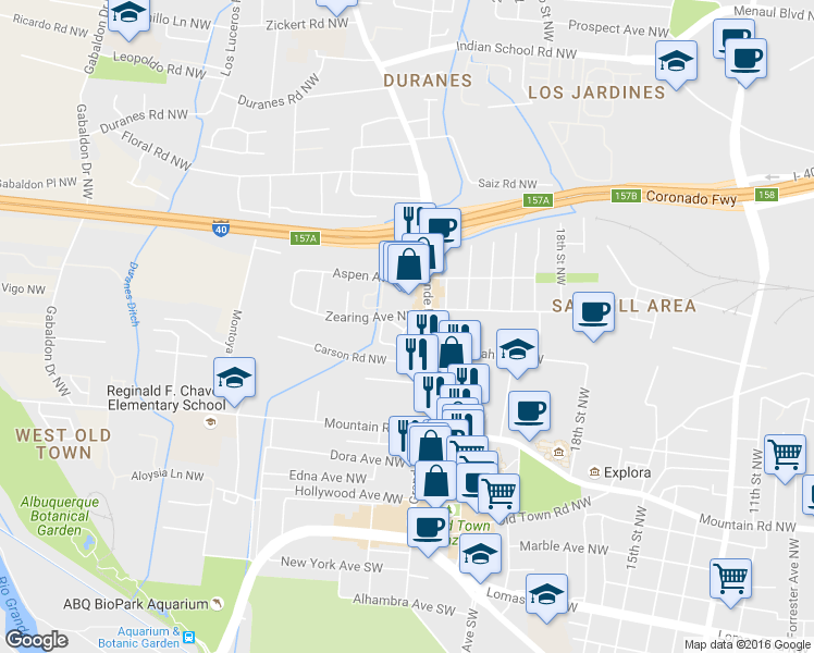 map of restaurants, bars, coffee shops, grocery stores, and more near 2400 Rio Grande Del Sol Court Northwest in Albuquerque