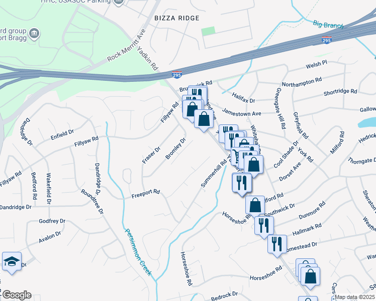 map of restaurants, bars, coffee shops, grocery stores, and more near 3619 Dornoch Drive in Fayetteville