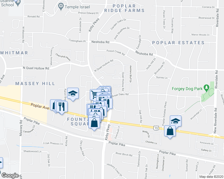 map of restaurants, bars, coffee shops, grocery stores, and more near 1717 Ridge Oak Place in Memphis