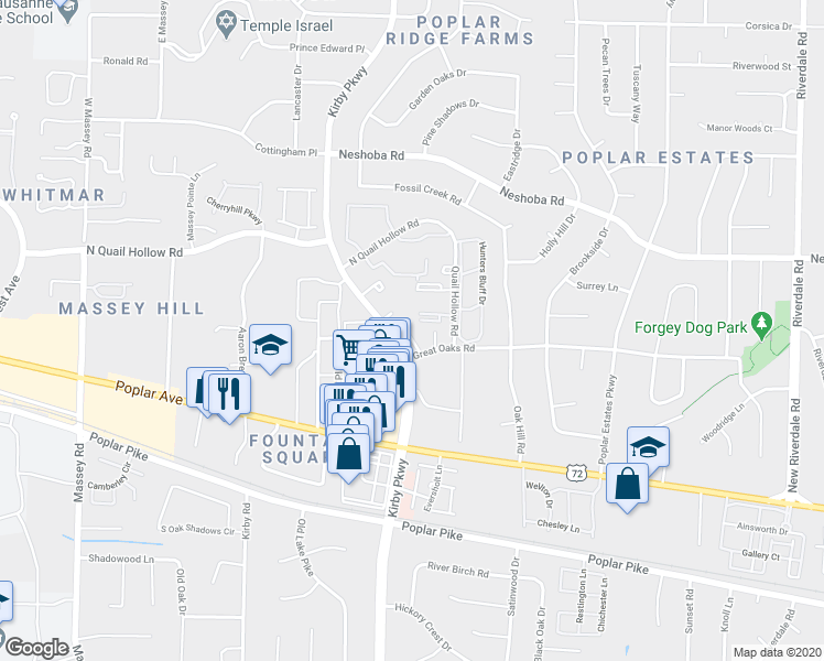 map of restaurants, bars, coffee shops, grocery stores, and more near 1717 Ridge Oak Place in Memphis