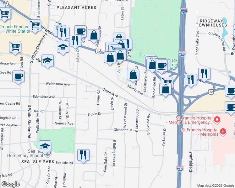 map of restaurants, bars, coffee shops, grocery stores, and more near 5503 Park Avenue in Memphis