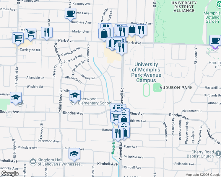 map of restaurants, bars, coffee shops, grocery stores, and more near 1087 McEvers Road in Memphis