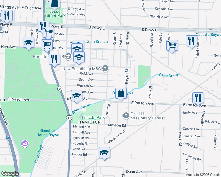 map of restaurants, bars, coffee shops, grocery stores, and more near 1518 Doris Avenue in Memphis
