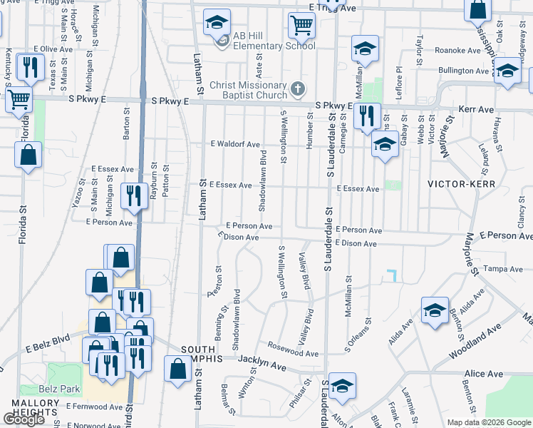 map of restaurants, bars, coffee shops, grocery stores, and more near 1670 Shadowlawn Boulevard in Memphis