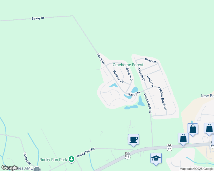 map of restaurants, bars, coffee shops, grocery stores, and more near 310 Bungalow Drive in New Bern
