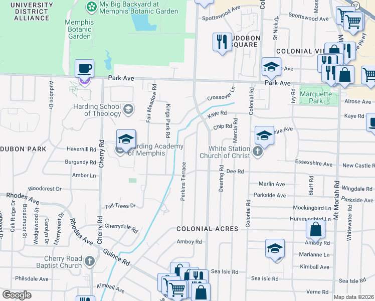 map of restaurants, bars, coffee shops, grocery stores, and more near 1100 Perkins Terrace in Memphis