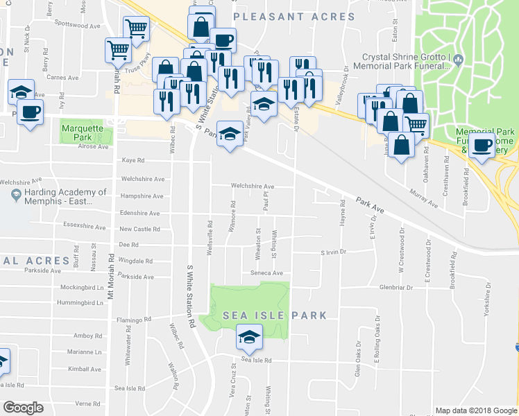 map of restaurants, bars, coffee shops, grocery stores, and more near 1085 Paul Place in Memphis