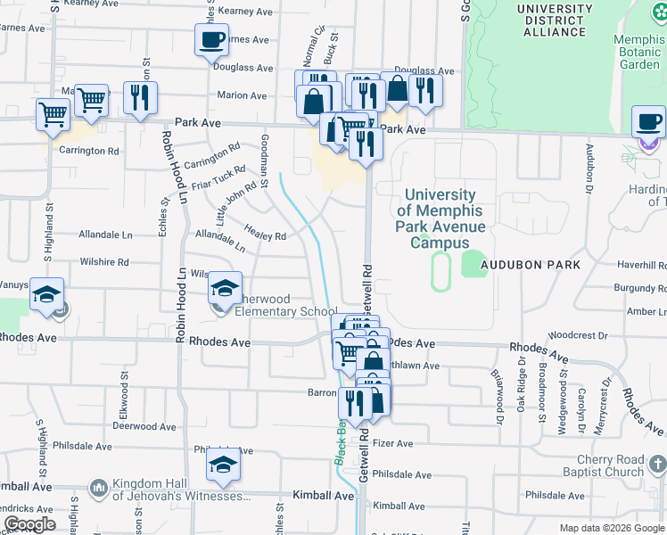 map of restaurants, bars, coffee shops, grocery stores, and more near 1087 McEvers Road in Memphis