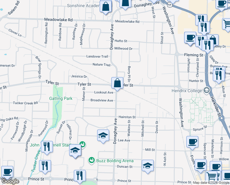 map of restaurants, bars, coffee shops, grocery stores, and more near 2106 Lookout Street in Conway