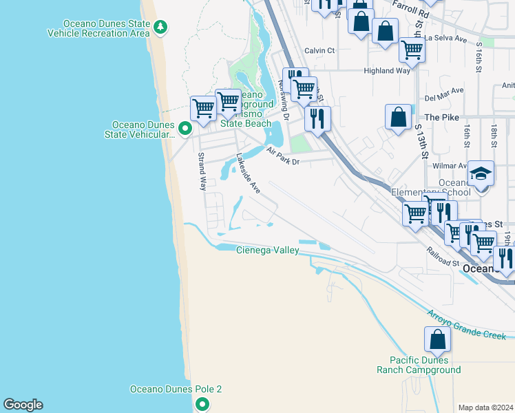 map of restaurants, bars, coffee shops, grocery stores, and more near 550 Honolulu Avenue in Oceano