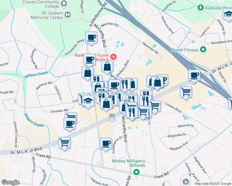 map of restaurants, bars, coffee shops, grocery stores, and more near 3410 Doctor Martin Luther King Junior Boulevard in New Bern
